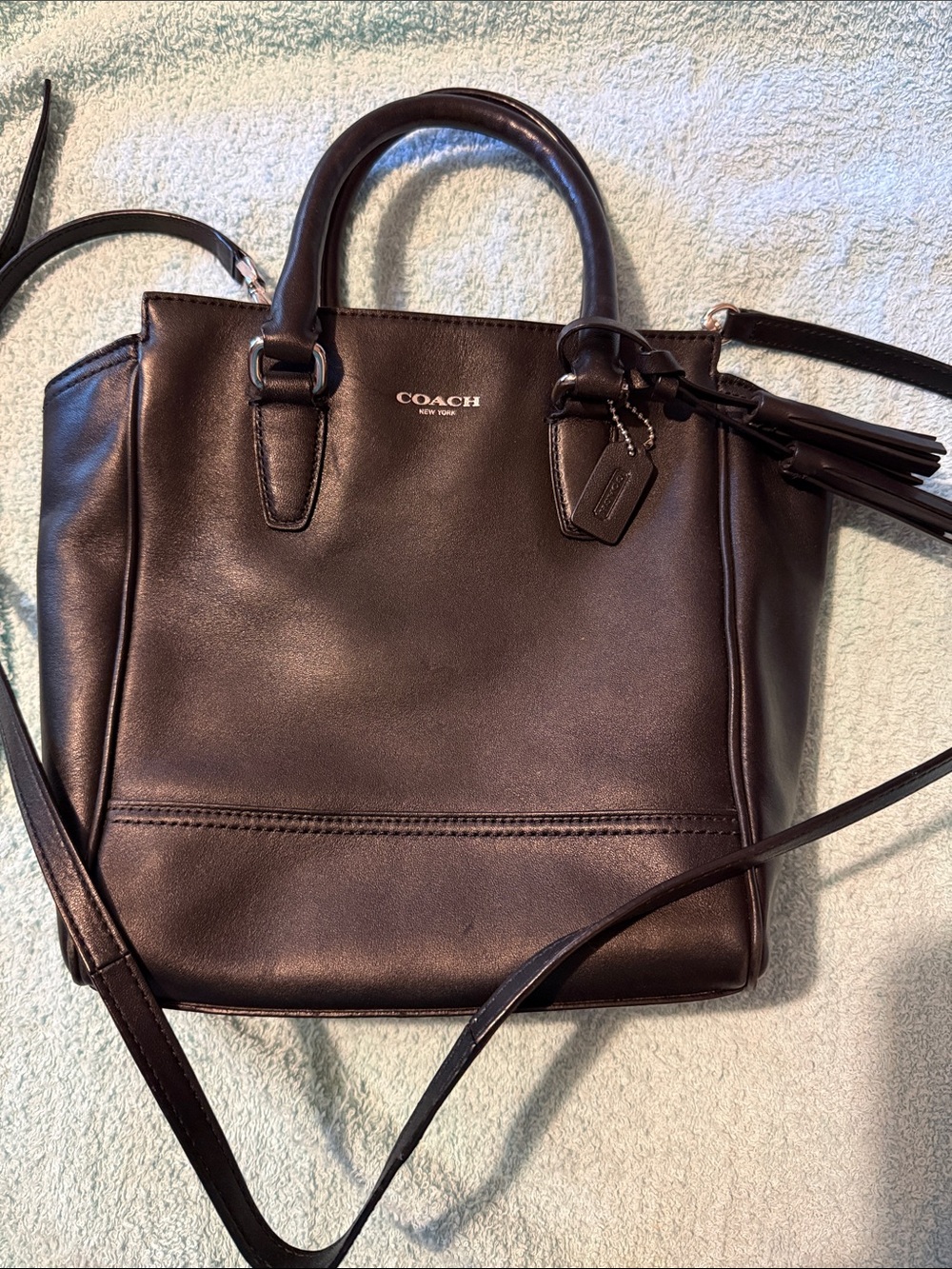 COACH Dark Brown Leather Satchel with Tassel Charm